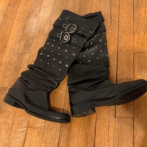 Stuart Weitzman Black Leather Studded Slouchy Buckle Boots